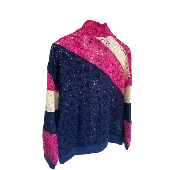 Gucci Lace Bomber Jacket Pink Navy Cream Zip-Up Logo Patch - Picture 7 of 16